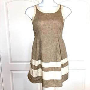 Italian 100% linen mini dress sleeveless Brown Cream XS Fit & Flare Stripes